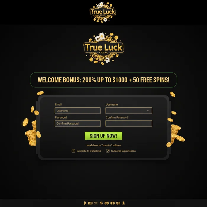 True Luck registratieformulier — accountaanmaak met e-mail en wachtwoordvelden